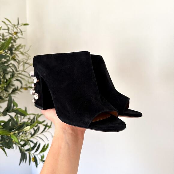 Givenchy Crystal Embellished Open Toe Suede Block Heel Mules Black 39 - Picture 5 of 9